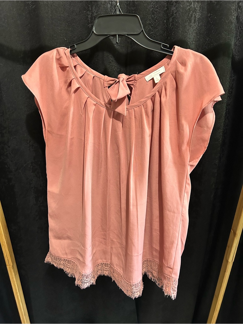 LC Lauren Conrad Dusty Rose Tie-Neck Lace-Hem Blouse